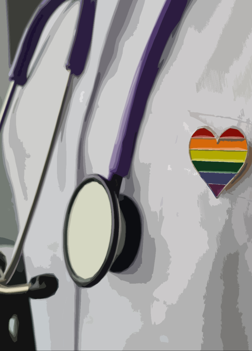 a rainbow heart pin on a doctor's lab coat